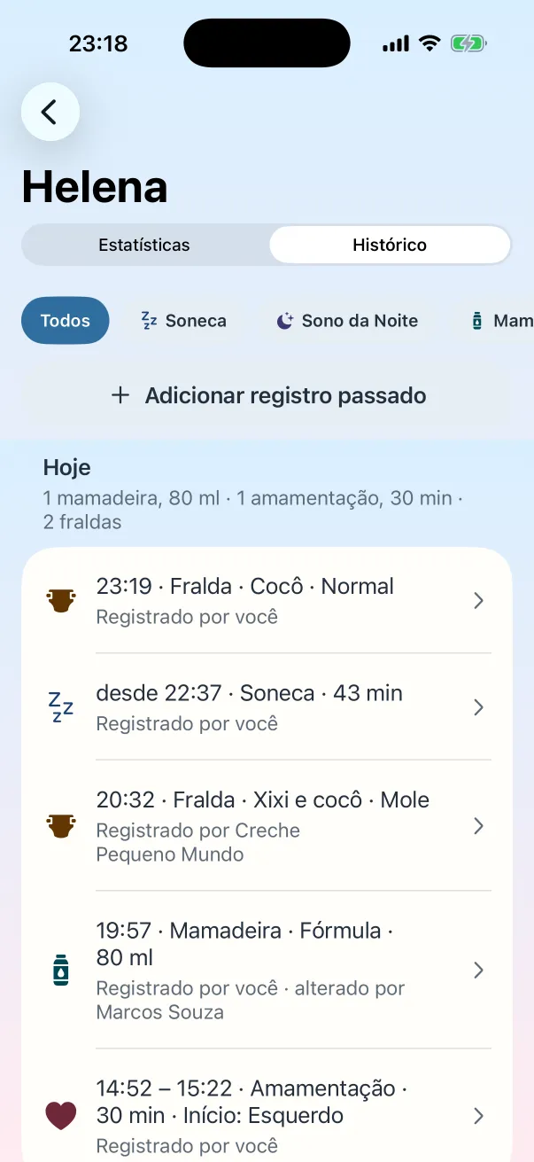Histórico com registros da Creche Pequeno Mundo e de Marcos Souza