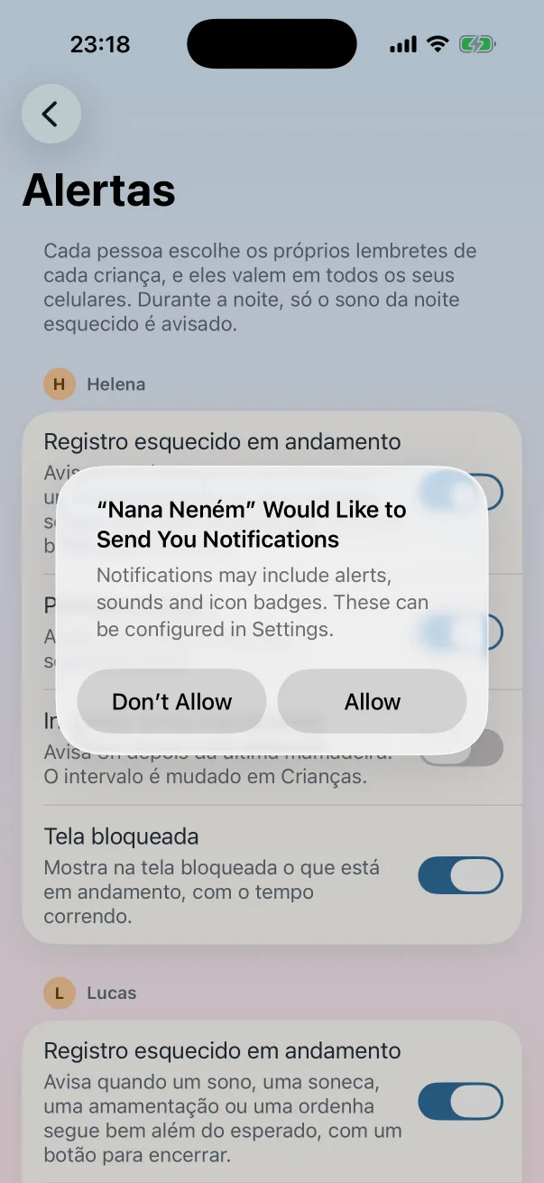 Tela de alertas com o aviso da próxima soneca ligado