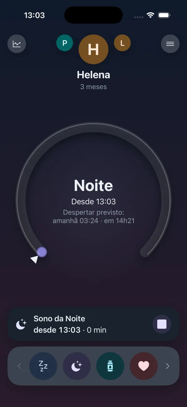 Tela inicial do Nana Neném no modo escuro, com o sono da noite da Helena em andamento e o despertar previsto