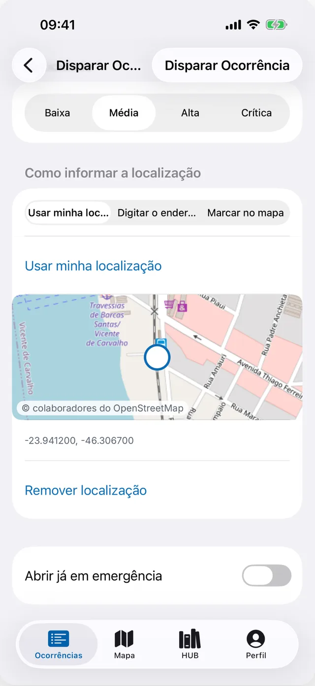 Tela do Nexus de registro de ocorrência, com seletor de gravidade e mapa do ponto