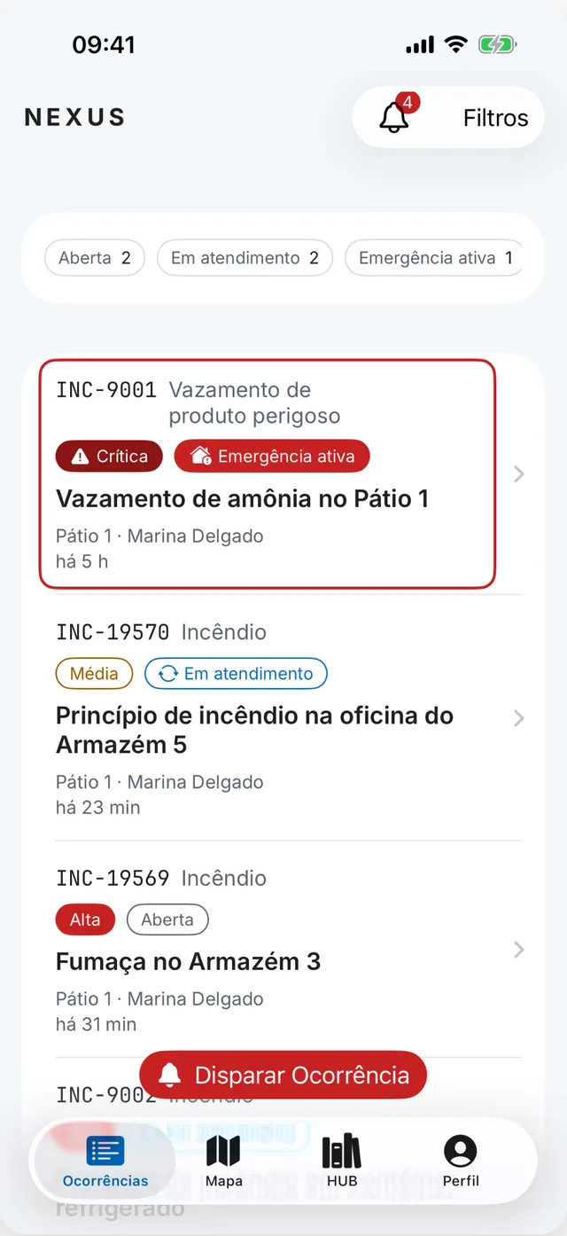 Tela do Nexus com a lista de ocorrências e uma emergência ativa em destaque