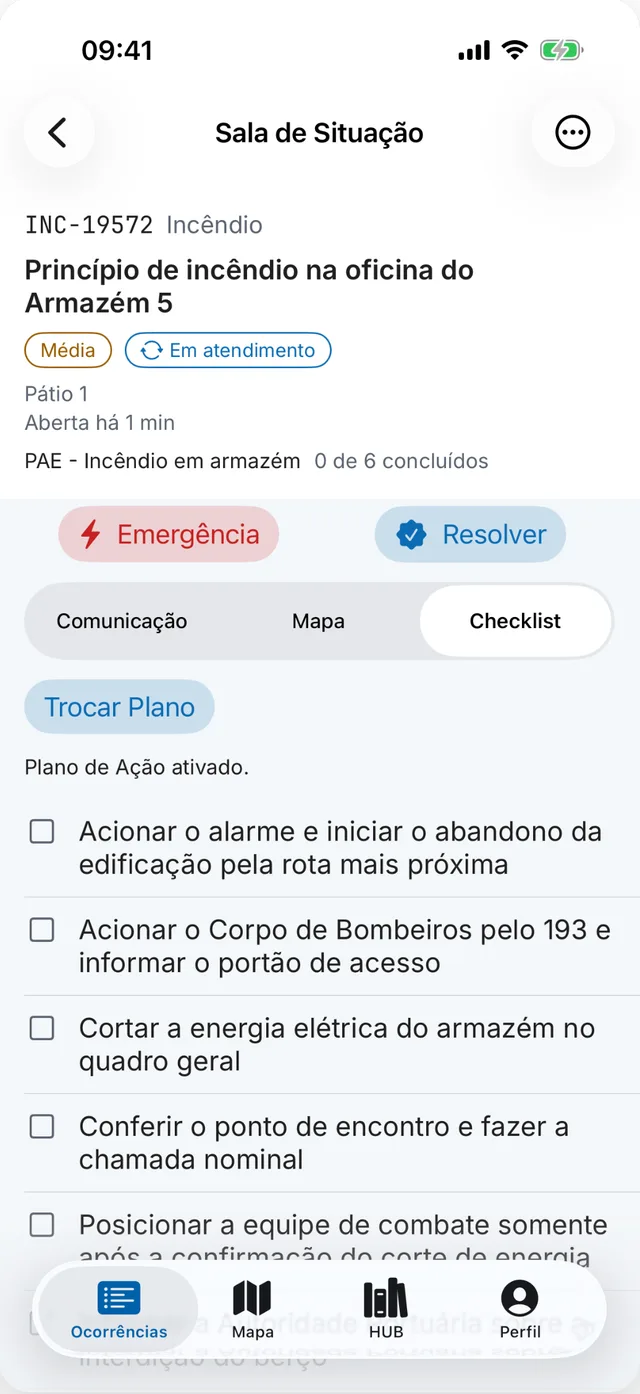 Tela do Nexus com o plano de ação de incêndio em armazém e a lista de passos